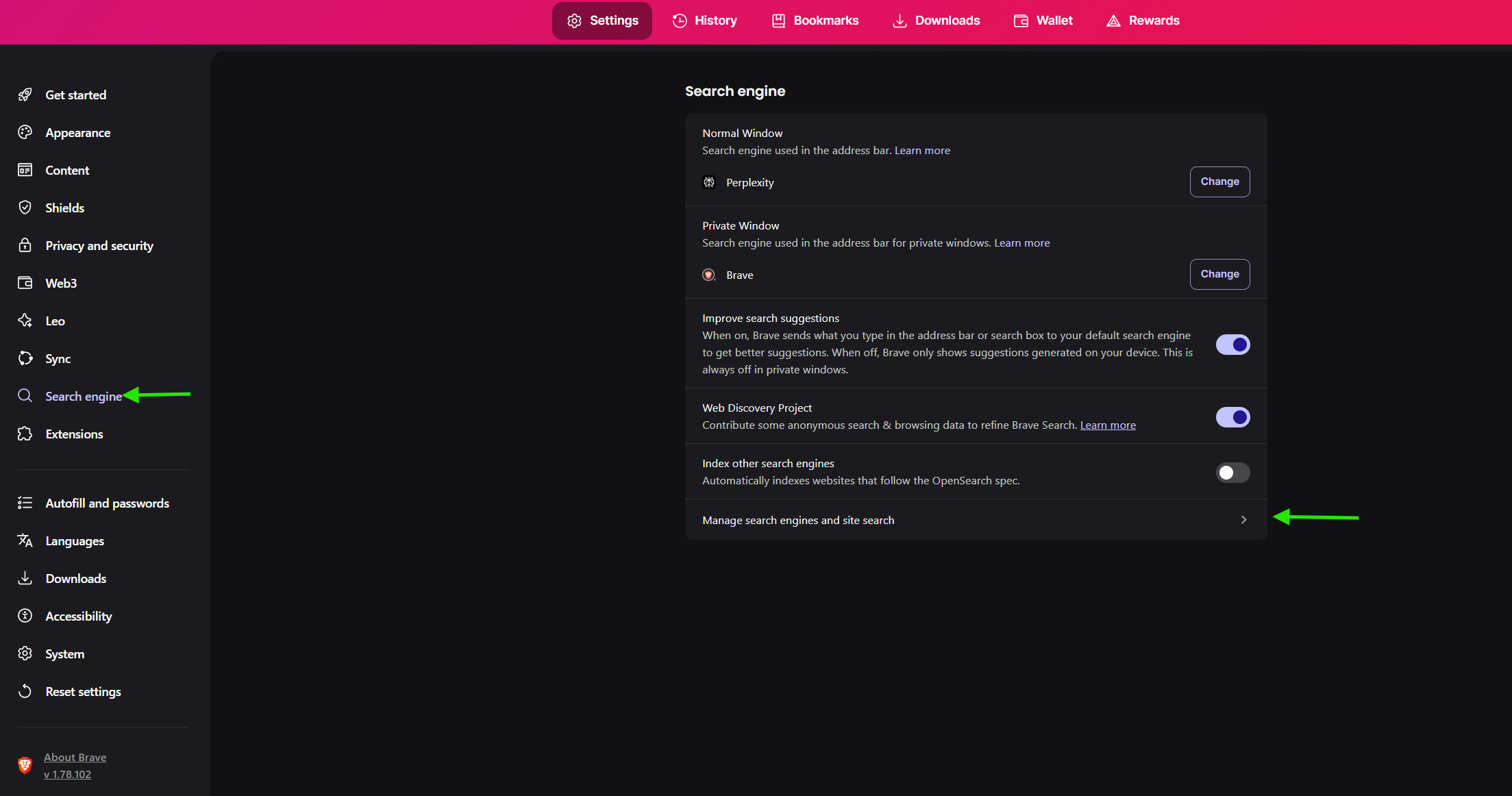Brave Search Engine Settings